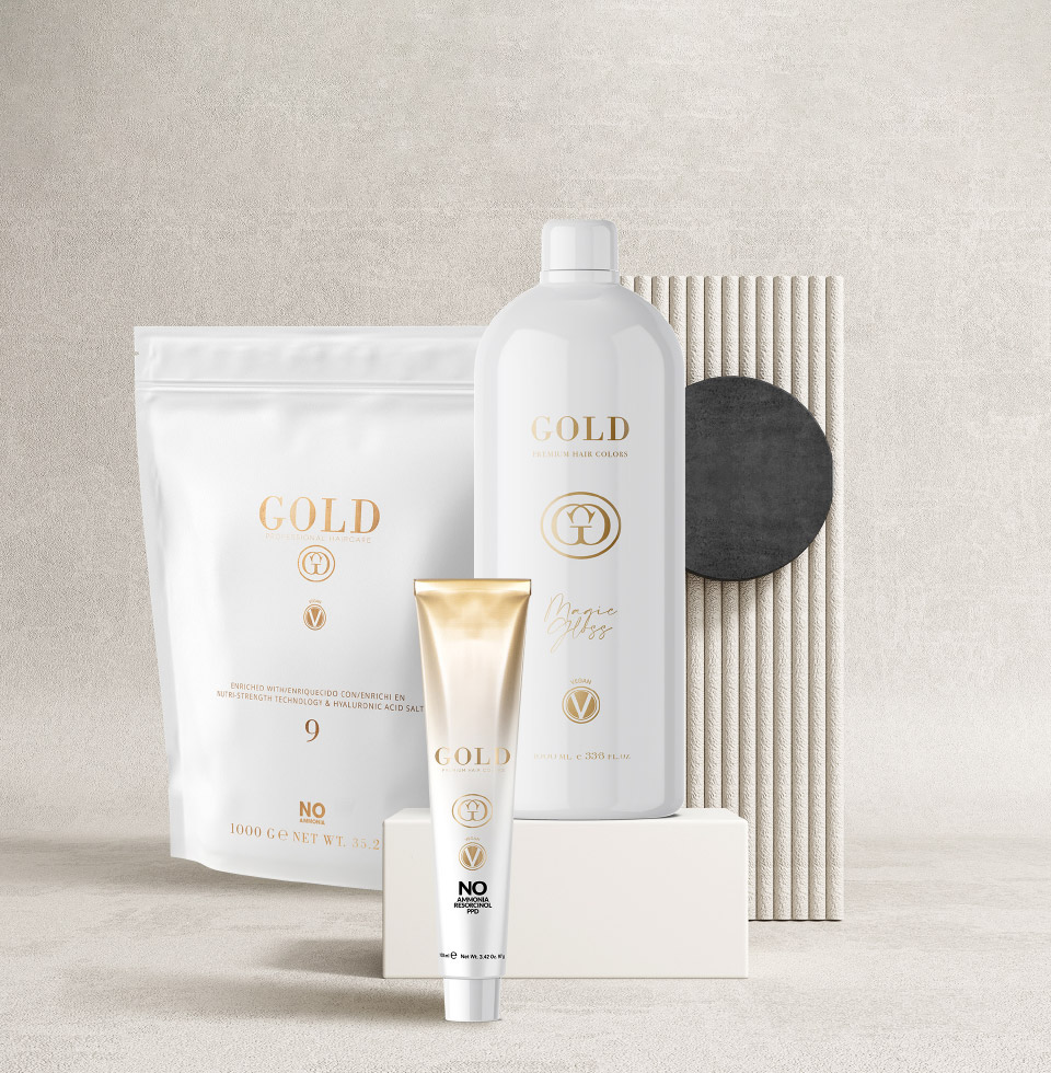 GOLD Professional Premium Hair Colors – ammoniakfreie Haarfarben im Set mit Bleaching Powder und Magic Gloss.