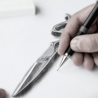 Zeichnung der Entstehung einer Line Scissors Haarschere.